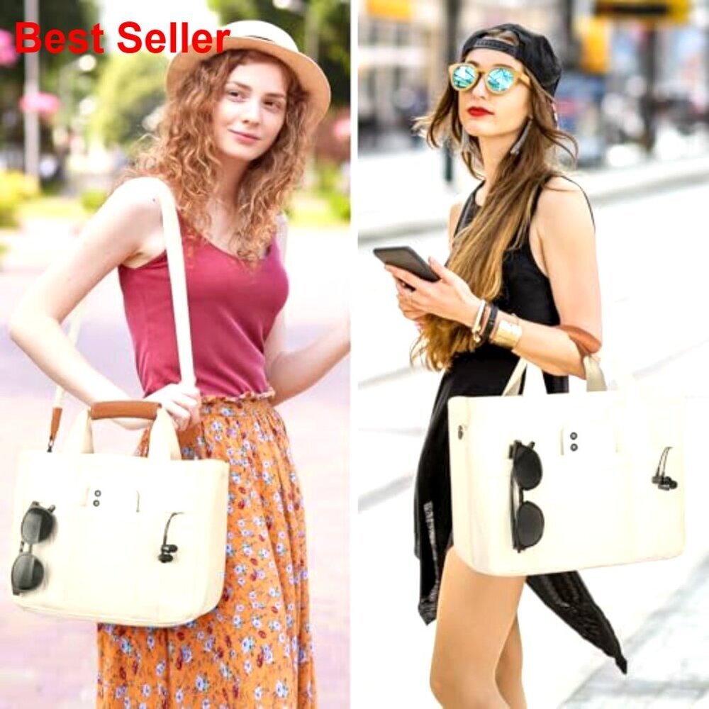 Large Canvas Tote Bag with Multi Pockets, Laptop Compartment, Adjustable Strap - Picture 2 of 7
